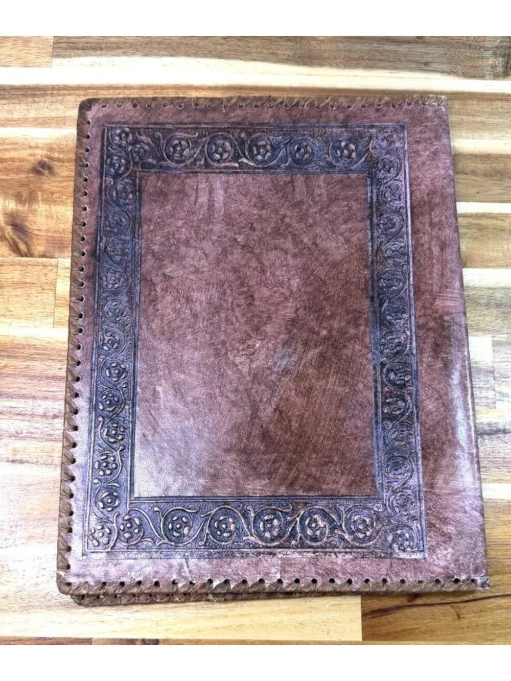 Vintage Hand-Tooled Leather like Nautical Scrapbook Photo Album - Galleon Ship D